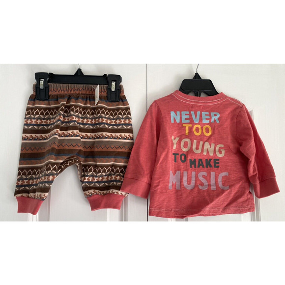 Peek Kids Baby Boy Size 3-6 Months Holiday Music 2 Piece Set Brown Red Drums - Picture 3 of 13